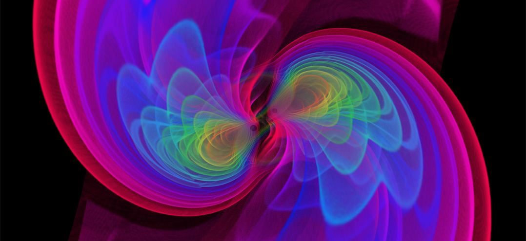 Numerisch-relativistische Simulation der Verschmelzung zweier schwarzer Löcher,  wie sie die Advanced LIGO-Detektoren am 14. September 2015 beobachtet haben.