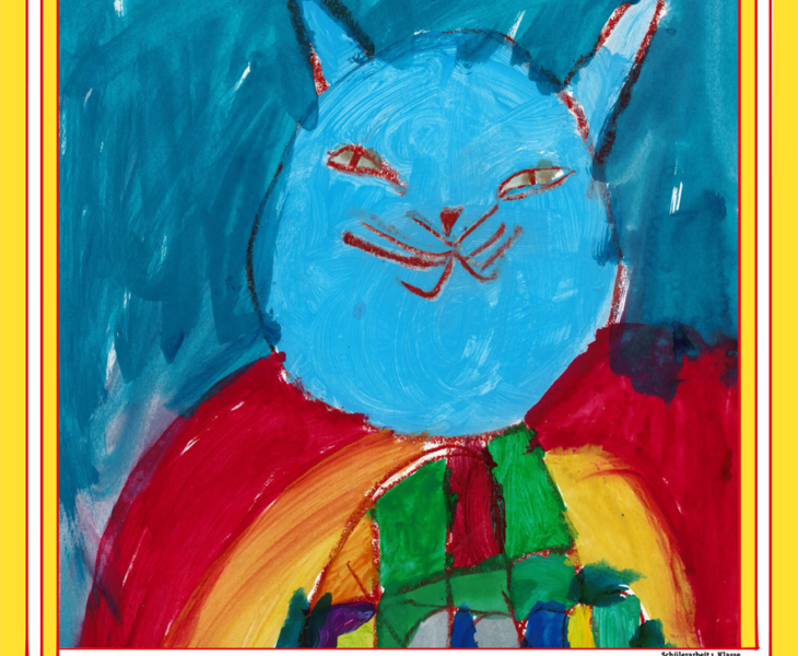 Bild zeigt eine gemalte, bunte Katze