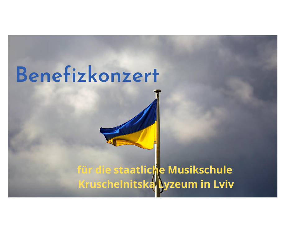 Auf der Grafik ist eine wehende ukrainische Fahne mit dem Hinweis auf das Benefizkonzert zu sehen