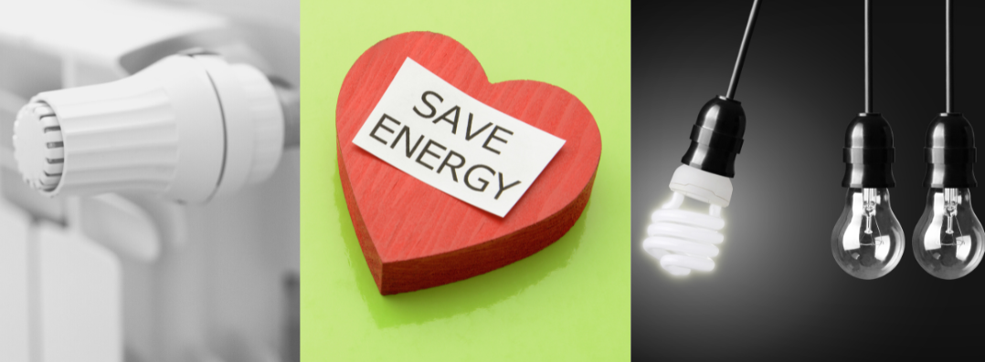 Bild: zu sehen sind 3 Bilder, die einmal ein Thermostat einer Heizung zeigen, ein Herz mit den englischen Wörtern save energie und 3 Glühbirnen die neben einer LED Glühbirne hängen