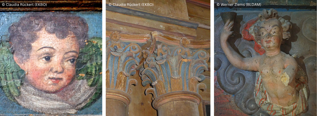 Bild: Zu sehen sind zwei beschädigte Engel und eine verzierte Säule mit Schäden