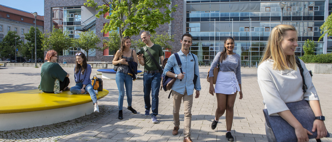Zu sehen sind Studentinnen und Studenten auf dem Campus der Europa-Universität Viadrina